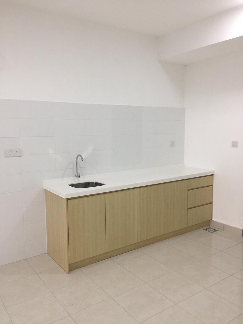 Completed kitchen cabinet with sink and tiles